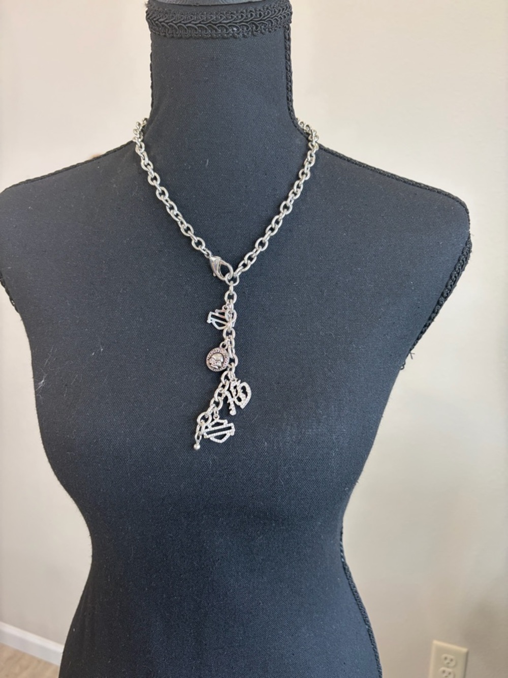 Harley-Davidson Silver Charm Lariat Necklace with Dangling Logos